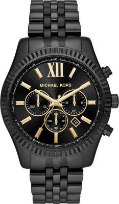 Michael Kors Lexington Quartz Date Chronograph Analogue 44 mm Round Black Dial Mens Wrist Watch with Mineral Crystal and Black Steel and Black PVD Band and 100 m Water Resistant