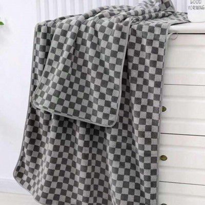Microfiber Towels for Bath-Checkered Bath Towel for Men and Women-Soft Coral Fleece Towel with Hook Quick Dry Super Absorbent-70 x 140 cm (Grey, 1 Bath Towel + 1 Hand Towel Combo)