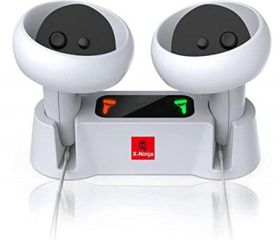MICROMINI X-Ninja Quest 2 Controllers- Vr Accessories Charger Station With 2 Rechargeable Batteries- Charging Station Set With Type-C Charging Cable- Charging Adapter- White