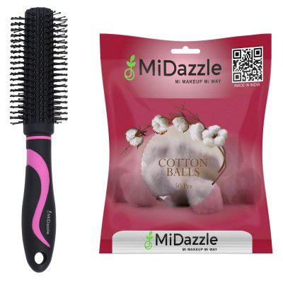 Midazzle Premium Round Hair Brush with Cotton Ball, Black and Pink, Set of 2