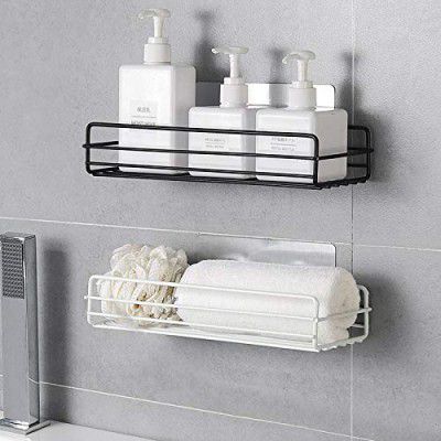 Midland Pack of 2 Wall Mounted Metal Storage Shelves Bath Shelves Kitchen Rack with Magic Sticker - No Drilling ( Black )