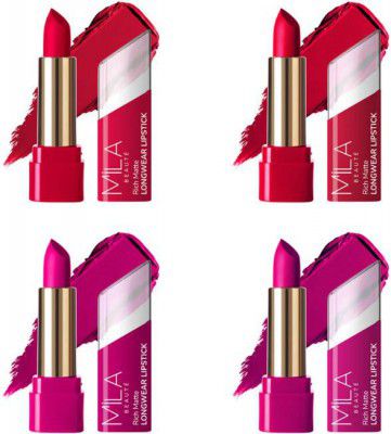 MILA BEAUTÉ Matte Longwear Lipstick Pack Of 4 | Up To 8 Hrs Stay|Enriched With Vitamin E (Dare To Date, Cherry Bomb, Pin Up Plum, Lets Dance, 16.8 g)