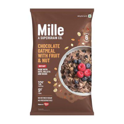 Mille Chocolate Oatmeal with Fruit & Nuts | Power of 5 grains - Oats, Ragi, Jowar, Barley, Wheat | Flax seeds, Almonds, Raisins | Healthy High Fibre Breakfast Cereal | 400g