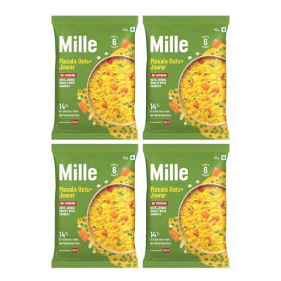 Mille Masala Oats + Jowar, Made with Oats, Jowar, Barley with Carrots, 14% of your Daily Fibre, Ready in 6 Minutes, Travel Friendly Pack of 4 x 40g