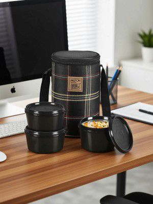 MILTON (3 Containers, 1 X 320 ml, 2 X 450 ml each) With Jacket, Black 3 Containers Plastic Office Lunch Box (450 ml)