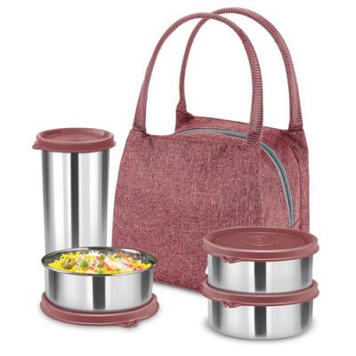 MILTON Bling Bag Tiffin (3 Inner Stainless Steel Containers 320 ml Each and 1 Tumbler, 380 ml with Jacket, Maroon 