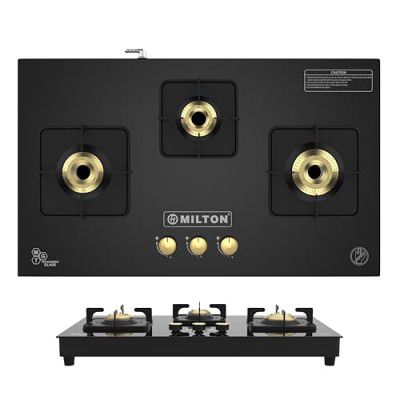 Milton Champion Top Hob Cooktop 3 Burners Gas Stove | Manual Ignition | 8mm Toughened Glass Top | ISI Certified | | 360 Degree Nozzle | Modern Premium Design | 1 Year Manufacturer's Warranty -Blac
