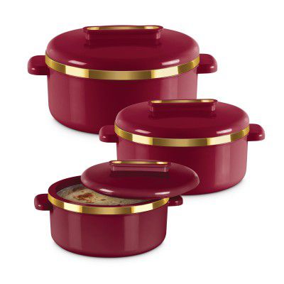 MILTON Curve Inner Stainless Steel Casserole Set of 3 (450 ml, 840 ml, 1300 ml), Maroon 