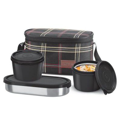 MILTON Decker Lunch Box, Leak Proof & Microwave Safe, 3 Inner Steel Containers (475ml, 475ml, 500ml) (Black)