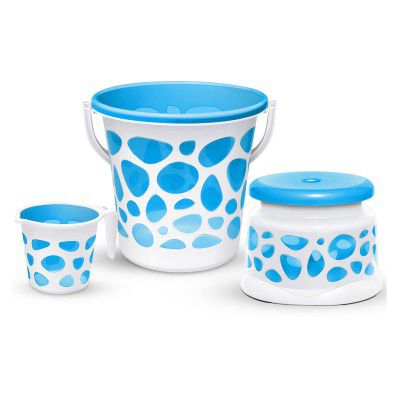 Milton Duplex Spa 3 Piece Set, Blue | 25 Litres Bucket with Mug & Stool | Bathroom Accessory Set