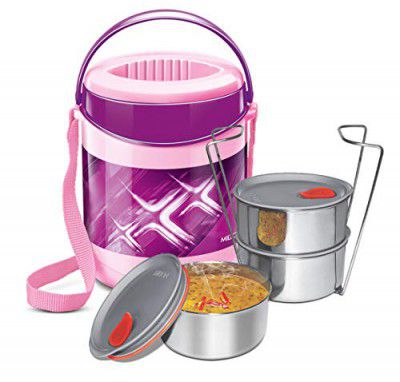 MILTON Econa Deluxe 3 Stainless Steel Containers with Steam Vent 260 ml Each, PU Insulated, Hot & Cold Leak-Proof Lunch Box