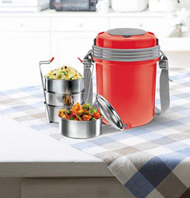 MILTON Electron Stainless Steel Tiffin Box Set, 360 ml/158 mm, Set of 4, Red