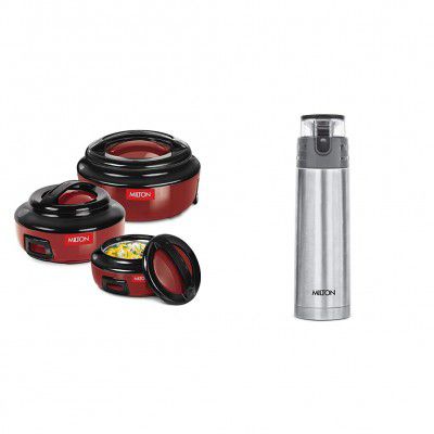Milton Ernesto Inner Stainless Steel Casserole With Red & Milton Atlantis 900 Thermosteel Bottle