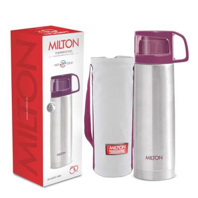 Milton Glassy 500 Thermosteel Vacuum Insulated Double Walled Flask with Drinking Cup lid & Jacket, 500 ml Water Bottles, 24 Hours Hot & Cold,