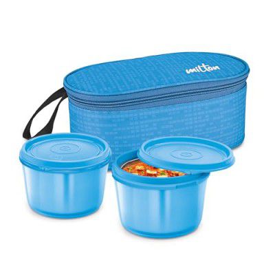 MILTON Graze Big Lunch Box, 2 Round Inner Steel Microwave Safe Containers 450 ml Each, Blue