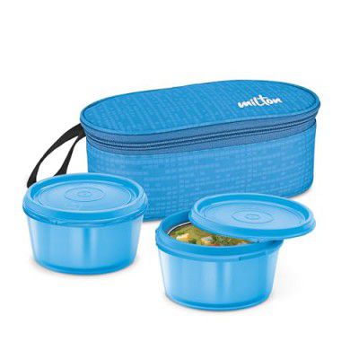 MILTON Graze Lunch Box, 2 Round Inner Steel Microwave Safe Containers 320 ml Each with Insulated Bag