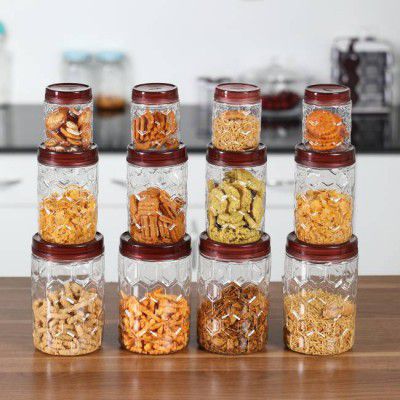 MILTON Hexa jar 12 pcs set - 270 ml, 665 ml, 1240 ml Plastic Grocery Container (Pack of 12, Clear, Brown)