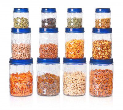 Milton Hexa Plastic Pet Storage Jar, Set of 12 (530 ml,1.04 ml, 1.85 Ltrs) Transparent | Air Tight Container | Kitchen Organiser | BPA Free