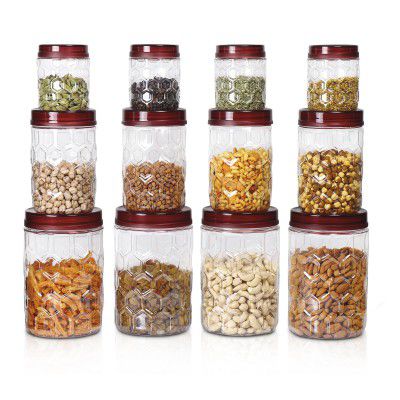 MILTON Hexa Plastic Storage Jar Set of 12 (4x270ml, 4x665ml, 4x1.24L)