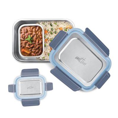 MILTON Home Meal Jr. Stainless Steel Airtight Leak-Proof Lunch Box, Snacks Tiffin for Kids, Set of 2 (770 ml, 180 ml), Blue