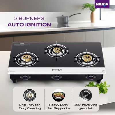Milton Ignis Pro 3 Burners Auto Ignition Gas Stove | 6mm Toughened Glass Top | 360 Degree Nozzle | Heavy Pan Support | Pure Brass Burners