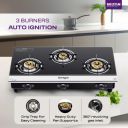 Milton Ignis Pro 3 Burners Auto Ignition Gas Stove | 6mm Toughened Glass Top | 360 Degree Nozzle | Heavy Pan Support | Pure Brass Burners...