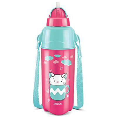 MILTON Kool Trendy 500 Cherry Pink Plastic Insulated Water Bottle with Straw for Kids, 490 ml