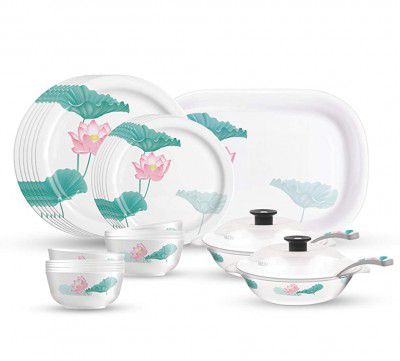 Milton Lissome Round Melamine Dinner Set of 31 Pcs, Lotus, Ivory