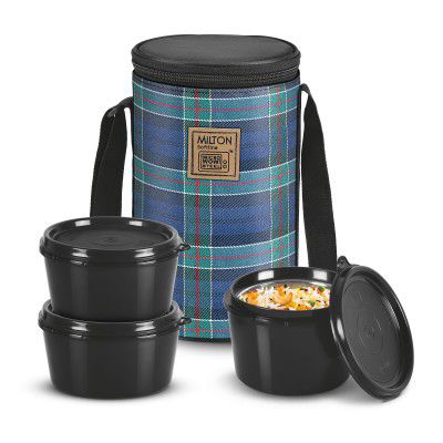 MILTON Lofty Lunch Box with Insulated Fabric Jacket, 3 PU Insulated Inner Stainless Steel Containers (1 x 320ml, 2 X 450ml Each), Navy Blue
