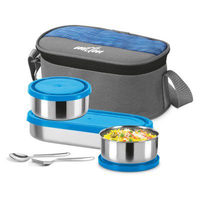 MILTON Master Lunch Box with Insulated Fabric Jacket, 3 Containers (1 Oval Stainless Steel 450 ml, 2 Stainless Steel 280 ml Each Spoon & Fork), Leak-Proof Tiffin, Blue