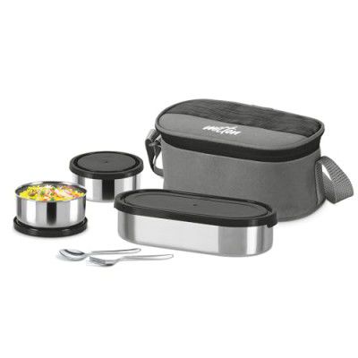 MILTON Master Lunch Max (3 Microwave Safe Inner Steel Containers,1 x 675 ml, 2 X 280 ml Each) with Insulated Fabric Jacket, Black | Lunch Box | Light Weight | Leak Proof | Easy to Carry | Food Grade