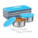 MILTON New Mini Lunch Box with Insulated Fabric Jacket, 2 Containers (2 Stainless Steel 280 ml Each, Spoon & Fork), Cyan...