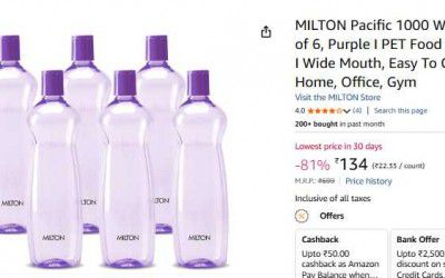 MILTON Pacific 1000 Water Bottle 1 Litre each, set of 6, Purple