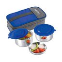 MILTON Pasto Lunch Box 2 Double Wall Stainless Steel Containers with Denim Insulated Jacket, Set of 2, 350 ml, Blue...