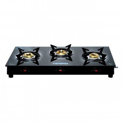 MILTON Premium 3 Burner Black Manual Ignition LPG Glass Top Gas Stove, (ISI Certified)