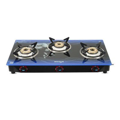 MILTON Premium 3 Burner BLUE Manual Ignition Glass Top Gas Stove
