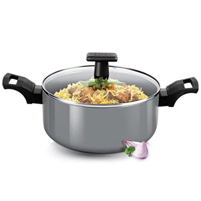 Milton Pro Cook Blackpearl Non-Stick Aluminium Biryani Pot/Casserole/Handi/Stock Pot with Glass Lid, 22 cm, 3.5 litres, Cook-N-Serve Bowl, Gas and Induction Friendly