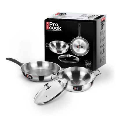 Milton Pro Cook Induction Cookware & Gas Stove Friendly Sandwich Bottom 3 Pc Cookware Set | Stainless Steel Kadhai & Fry Pan with Lid 22 cm | Deep Frying | Sauté | Scratch Resistant | 2Y Warranty