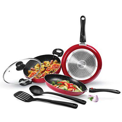 Milton Pro Cook Induction Kitchen Jewel Set of 5 (Fry pan 24 cm/1.6 litres; Kadhai 24 cm/2.5 litres with Glass lid; Tawa 25 cm;Nylon Laddle and Spatula), Maroon | Dishwasher | Hot Plate | Flame Safe