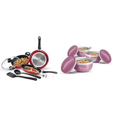 Milton Pro Cook Induction Kitchen Jewel Set of 5, Maroon & Milton Crave Jr Inner Steel Casserole (470 ml, 800 ml, 1380 ml), Gift Set of 3, Pink
