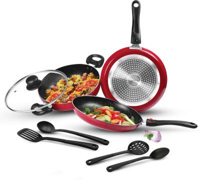 MILTON Pro Cook Kitchen Jewel Plus Granito, Maroon Induction Bottom Non-Stick Coated Cookware Set (Aluminium, 7 - Piece)