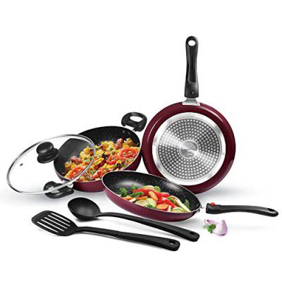 Milton Pro Cook Kitchen Jewel Set of 5, Peach (Fry pan 24 cm/1.6 litres; Kadhai 24 cm/2.5 litres with Glass lid; Tawa 25 cm)