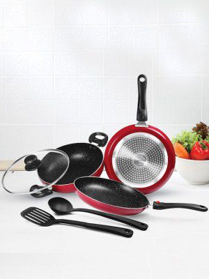 Milton Pro Cook Maroon 5 Pcs Kitchen Jewel Set Fry Pan, Kadhai, Tawa, Laddle & Spatula