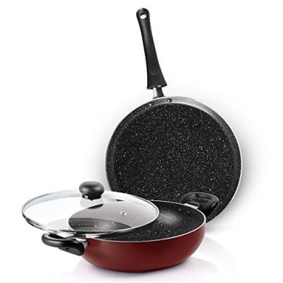 Milton Pro Cook New Granito My Kitchen Set of 2,(Tawa 28 cm and Kadhai 24 cm/2.5 LTR with Glass Lid) Burgundy