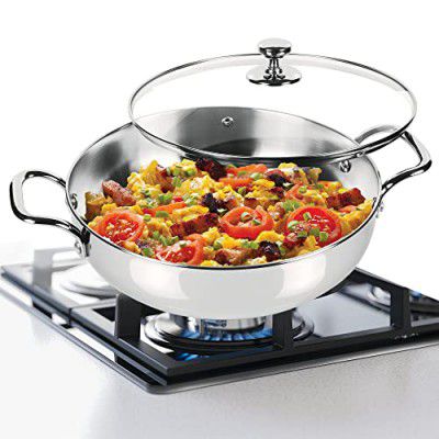 Milton Pro Cook Stainless Steel Sandwich Bottom Kadhai with Glass Lid, 22 cm / 2 Litres, Steel Plain | Dishwasher Safe | Induction Safe | Flame Safe | Gas Stove Safe | Hot Plate Safe | SS Handle