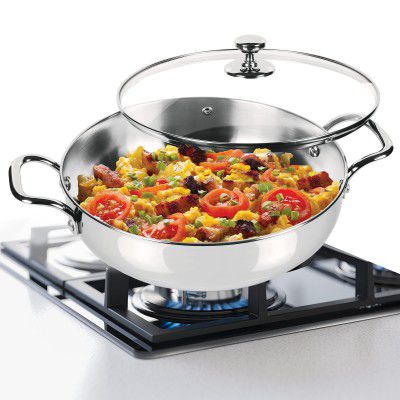 Milton Pro Cook Stainless Steel Sandwich Bottom Kadhai with Glass Lid, 20 cm / 1.68 Litres, Steel Plain | Dishwasher Safe | Induction Safe | Flame Safe | Gas Stove Safe | Hot Plate Safe | SS Handle