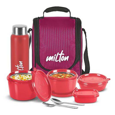 MILTON Pro Lunch Box with Cutlery, 3 Microwave Safe Inner Steel Containers