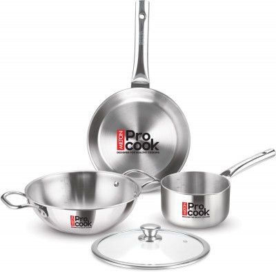 MILTON Procook Cookware Saucepan, Frypan, Kadai with Glass Lid Induction Bottom Cookware Set (Stainless Steel, 4 - Piece)