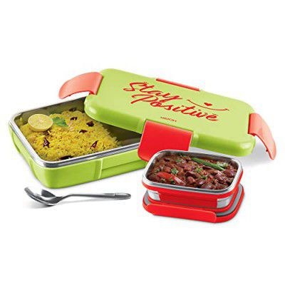 MILTON Snap Lock Insulated Inner Stainless Steel Tiffin Box, 800 ml, with Inner Stainless Steel Container, 175 ml and Spoon, Green