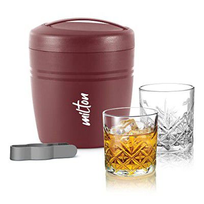 Milton Spiritz Gift Set, Polar Ice Storage Pail and Tong 1.5 litres with Edford Glass Tumbler Set of 4, 340 ml Each, Burgundy | PU Insulated | BPA Free